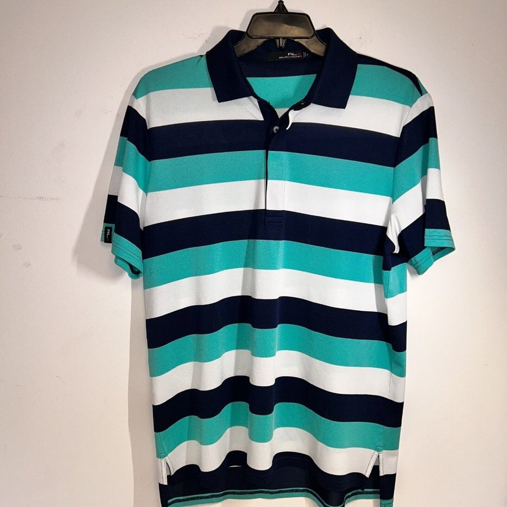 Ralph Lauren RLX Mens L Short Sleeve Golf Polo Shirt Blue Green White Stripes